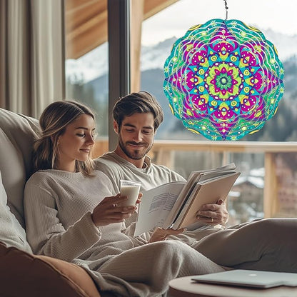 Multi Color Mandala Wind Spinners Outdoor, Hanging Wind Spinner for Garden Decoration, 8 inch 3D Stainless Steel Metal Wind Sculpture for Indoor/Outdoor Decor