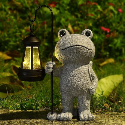 PAETAE Garden Statue Frog Outdoor Decor, Solar Patio Garden Sculptures & Statues, Resin Decor Gift for Women, Mom, Grandma, Stone