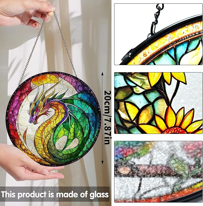 Bimkole Dragon Stained Glass Suncatcher Window Hanging - Animals Indoor Window or Doorway Decoration - Handmade Sun Catcher Decor for Garden Home Christmas & Birthday Gifts 7.87x7.87 Inch