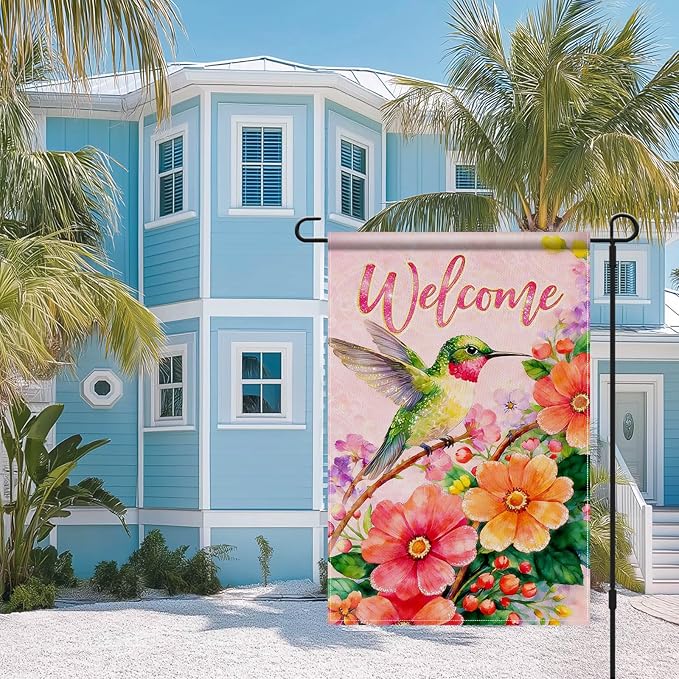 IVN Hummingbird Welcome Garden Flag 12x18 Inch – Spring Summer Floral Outdoor Flag, Double Sided Burlap Yard Flag for Porch Lawn Patio Decor