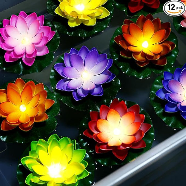 Waterproof Floating Lotus Light, 12PCS Floating Lily Light Water Activated 5 Inch Artificial Flowers Battery Operated for Wedding Pool Anniversary Garden Decoration(Mix-Color)