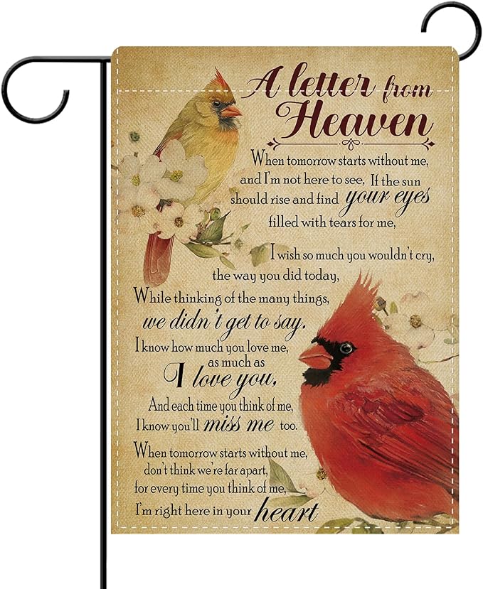 Dyrenson Memorial Cardinal A Letter From Heaven Decorative Garden Flag, Vintage Red Birds Cemetery Yard Outside Home Decoration, Retro Dogwood Flower Burlap Outdoor Small Decor Double Sided 12 x 18