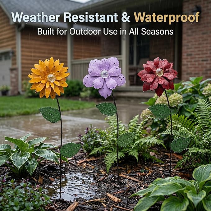 3 Pack Floral Garden Stake Decor, Glow in Dark Shaking Head Outdoor Plant Pick Water Proof Metal Flower Stick for Lawn Yard Patio Pathway Ornament