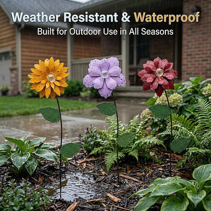 3 Pack Floral Garden Stake Decor, Glow in Dark Shaking Head Outdoor Plant Pick Water Proof Metal Flower Stick for Lawn Yard Patio Pathway Ornament