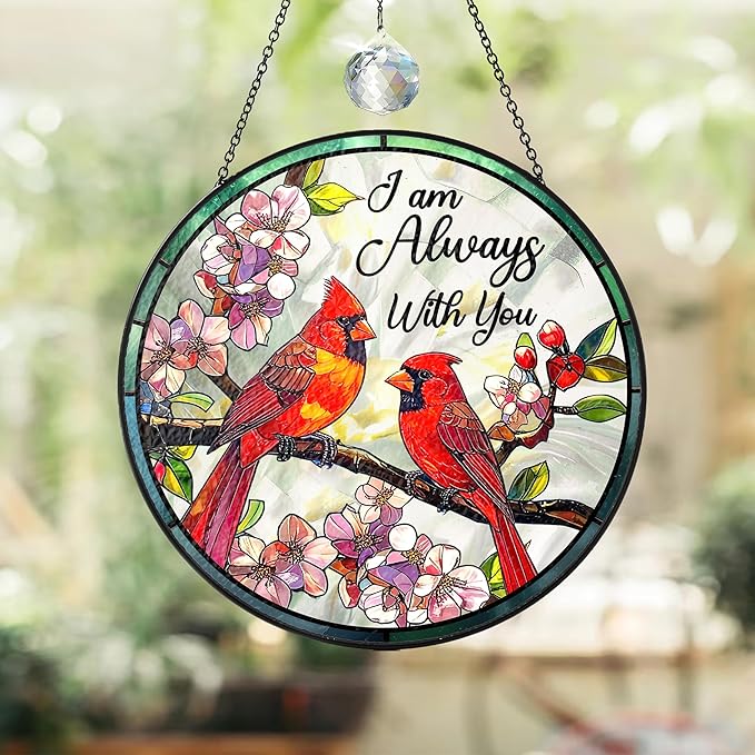 Cardinal Suncatcher Memorial Stained Glass for Window Hanging, Red Cardinal Im Always with You Sympathy Gift, Stained Glass Red Bird Remembrance Ornament for Mom, Grandpa, Loved One