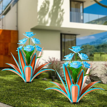 TOMBABY Huge Metal Agave Plants Outdoor Decoration Outdoor Garden Decorated with Flowers Mexican Yard Art Plant Garden Gift (Blue 2 Pack)