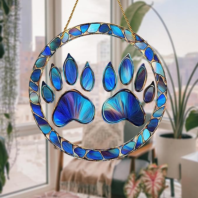 8x8 inch Charming Dog Paw Print Acrylic Stained Glass Window Hanging Sun Catcher Decor Stained Panel Hangings Wall Art Decor, for Friends and Family (Paw Print)