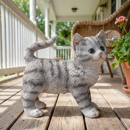 Real Grey Tabby Garden Statue - Resin Realistic Cat Sculpture, Pet Loss Memorial Stone, for Cat Lovers, Indoor/Outdoor Decor, Animal Figurine for Yard Ornaments