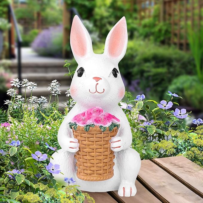 Brightever Solar Powered Garden Statues- Bunny Figurines for Spring & Mother's Day, Outdoor Rabbit Statue with Colorful LED Lights for Patio, Balcony, Lawn, Birthday Gifts for Women, Mom, Female