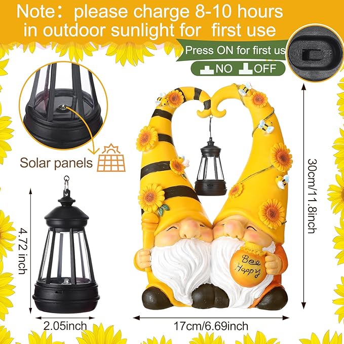 Kathfly Solar Spring Gnome Statue 11.8 Inches Garden Resin Sunflower Bee Gnome Statue with Solar Lights Double Cute Gnomes Statues for Mother' Day Birthday Gift Yard Patio Lawn Porch Decor
