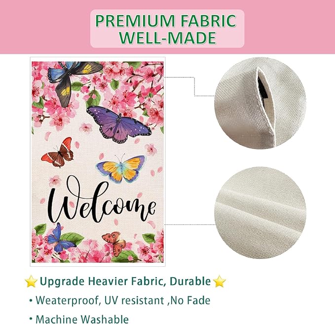 Baccessor Spring Summer Garden Flag Floral Bird Butterfly Flowers Welcome Spring Summer Flag 12.5 x 18 Inch Double Sided Burlap Small Spring Summer Flag for Outside Decor