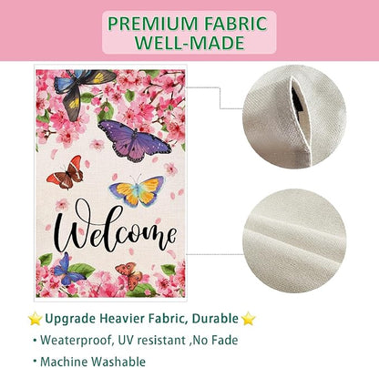 Baccessor Spring Summer Garden Flag Floral Bird Butterfly Flowers Welcome Spring Summer Flag 12.5 x 18 Inch Double Sided Burlap Small Spring Summer Flag for Outside Decor