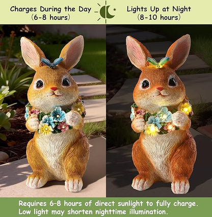 Solar Garden Statues Outdoor Bunny Decorations with Butterfly & Flowers for Mom, Grandma Spring Decor with 6 LED Night Accent Lights for Patio, Yard & Lawn, Christmas Day Figurine
