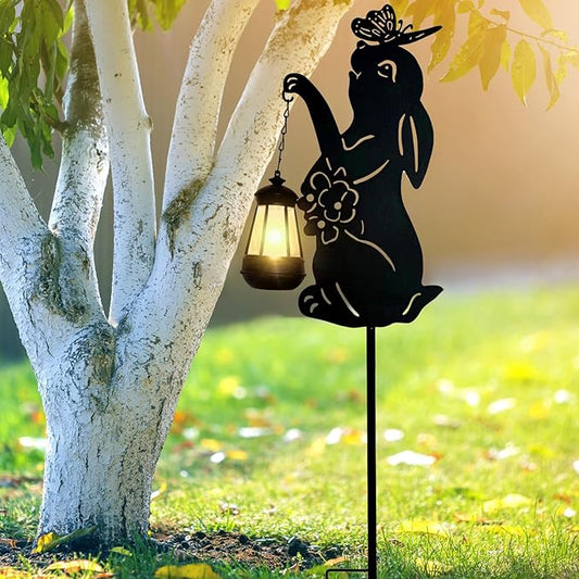 Solar Rabbit Garden Stakes Outdoor Solar Decor Metal Rabbit Holding Solar Lantern Decorative Garden Metal Flower Stakes Outdoor Rabbit Silhouette Stakes