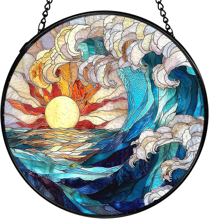 Sun Coastal Ocean Suncatcher Stained Glass Window Hanging, Ocean Waves Sunshine Sun Catchers Indoor Window Glass Wall Art Decor, Nautical Beach Wall Hanging Decor, 7.9x7.9 Inch 039-MH-BLGH