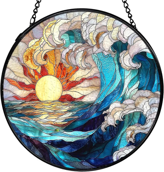 Sun Coastal Ocean Suncatcher Stained Glass Window Hanging, Ocean Waves Sunshine Sun Catchers Indoor Window Glass Wall Art Decor, Nautical Beach Wall Hanging Decor, 7.9x7.9 Inch 039-MH-BLGH