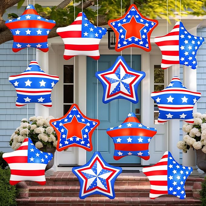 12 Pcs 4th of July Inflatable Balloons Patriotic Outdoor Decorations 12'' PVC American Flag Star Hanging Ornaments White Red Blue Inflatable for 250th Anniversary Independence Day Party Decor