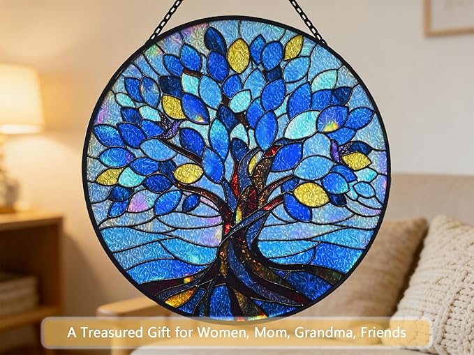 Stained Glass Window Hangings, Tree of Life with Hummingbird Suncatchers for Window, Treasured Gift for Mom, Grandma, Family and Friends (Blue, 6.7x6.7 in)