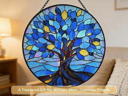Stained Glass Window Hangings, Tree of Life with Hummingbird Suncatchers for Window, Treasured Gift for Mom, Grandma, Family and Friends (Blue, 6.7x6.7 in)