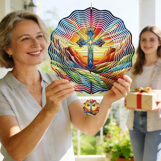 Cross Wind Spinner Outdoor - 12 Inch 3D Christian Cross Hanging Decor, Colorful Christian Metal Spinner Gift, Kinetic Yard Art Ornament for Garden Patio Porch Lawn