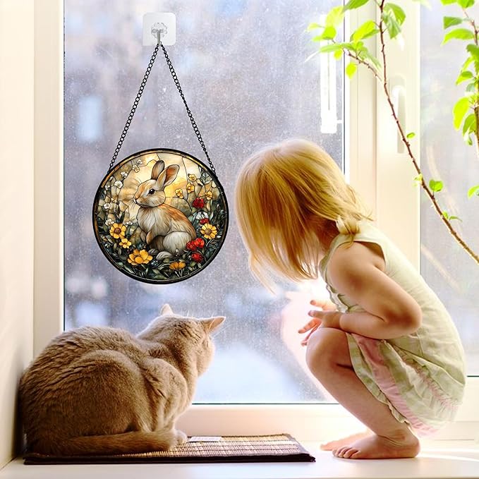 DASTOLL Stained Glass Window Hanging - Rabbit Flowers Suncatcher Ready to Hang Window Doors Home Decoration, Easter, Mother's Day Birthday Gifts for Women, Men, and Mom 6.3x6.3 in