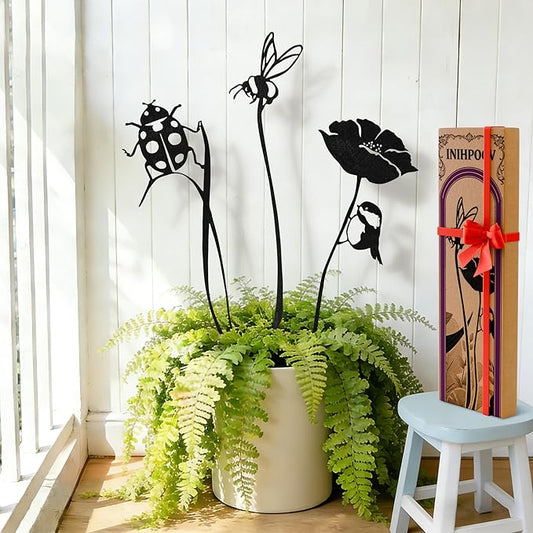 3-Pack Insect Metal Garden Stakes for Indoor&Outdoor Potted Plants, Rustic Metal Flowers for Outside, Decorative Outdoor Status,Gift-Boxed Garden Decor(Black Ladybug&Bee Flower Set)