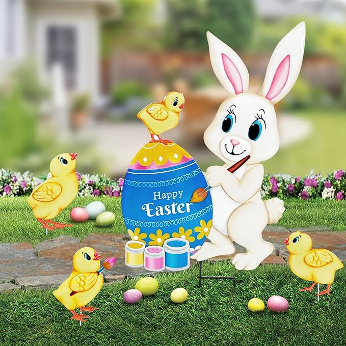 Easter Decorations Outdoor,4 Pack Metal Egg Bunny Yard Signs for Outside,Cute Easter Chick Decorations Garden Stakes for Lawn,Yard,Rabbit Gifts for Women