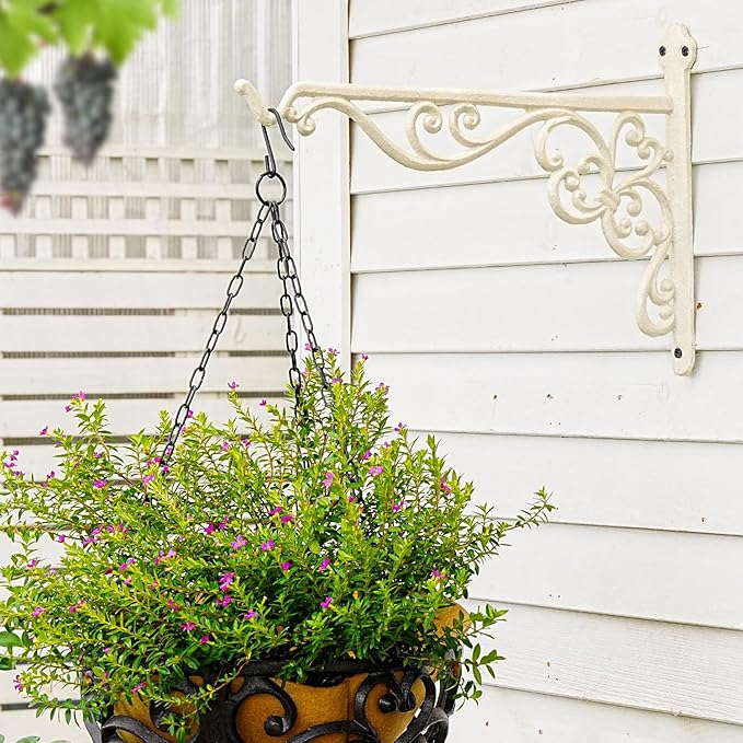Sungmor Decorative Cast Iron Hanging Bracket - 15.6" Thickened Outdoor Metal Plant Hangers, Vintage Scroll Design for Signs, Planters, Lanterns, Bird Feeders - 2 Pack Heavy Duty Wall Hooks, White