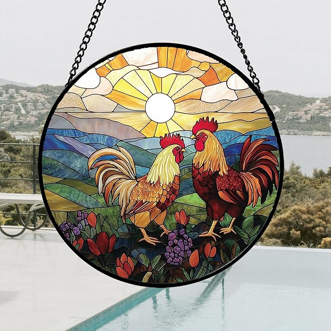 Stained Glass Window Hanging, Countryside Scenery Chicken Sun Catcher for Door Home Decor Sunrise Suncatcher Christmas Mother's Day Birthday Gifts for Women Men Mom Nana 6.3 in
