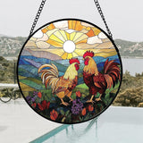Stained Glass Window Hanging, Countryside Scenery Chicken Sun Catcher for Door Home Decor Sunrise Suncatcher Christmas Mother's Day Birthday Gifts for Women Men Mom Nana 6.3 in