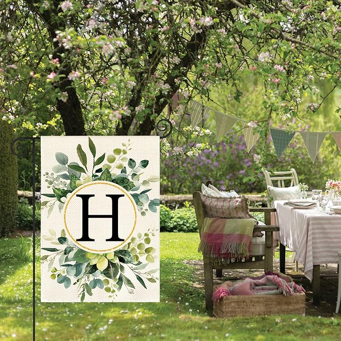 AVOIN colorlife Monogram Letter H Floral Garden Flag 12x18 Inch Double Sided Outside, Family Last Name Initial Yard Outdoor Decoration