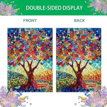 Stained Glass Tree of Life House Flag 28x40 Double Sided for Outside, Spring Summer Burlap Large Floral Garden Flags for Yard Outdoor Garden Decor