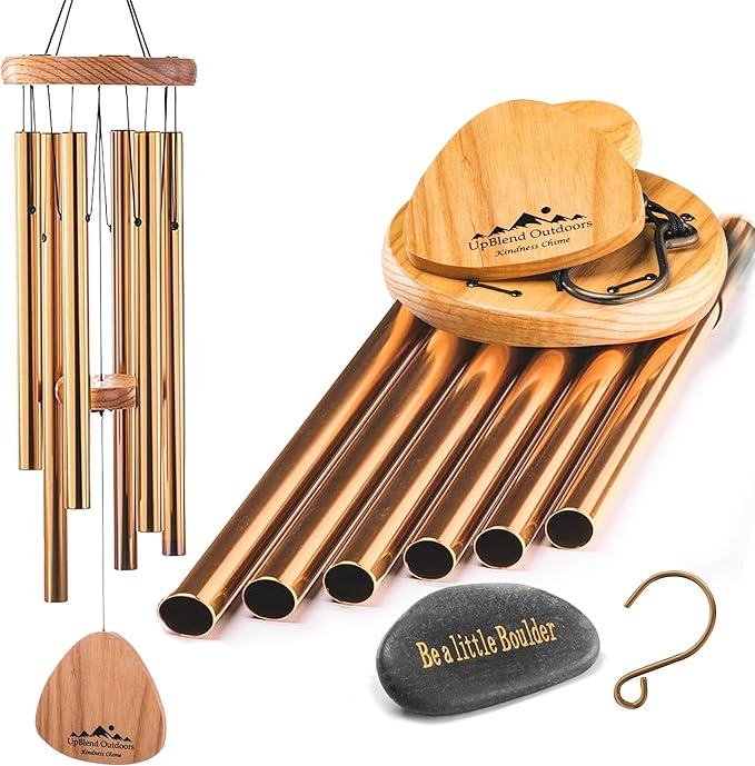 UpBlend Wind Chimes for Outside Gift – Deep Tone Wind Chime with Decorative Stone – Garden and Patio Décor for Porch or Yard, Elegant Outdoor Ornament, Meaningful Gift for Neighbors. 29” Bronze.