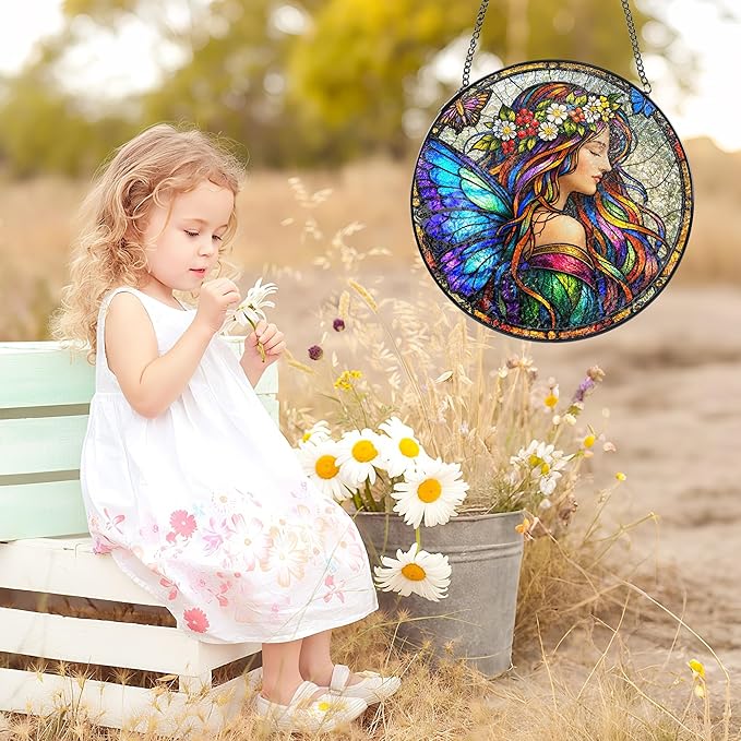 Stained Glass Window Hanging Suncatcher, 8" Round Fairy Butterfly Sun Catcher, Colorful Decorative Glass Art for Outdoor Indoor Home Garden, Gift for Mom & Wife