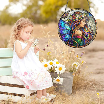 Stained Glass Window Hanging Suncatcher, 8" Round Fairy Butterfly Sun Catcher, Colorful Decorative Glass Art for Outdoor Indoor Home Garden, Gift for Mom & Wife