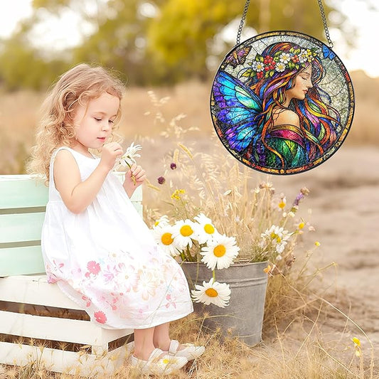 Stained Glass Window Hanging Suncatcher, 8" Round Fairy Butterfly Sun Catcher, Colorful Decorative Glass Art for Outdoor Indoor Home Garden, Gift for Mom & Wife