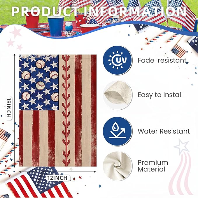 4th of July Garden Flag 12x18 Inch Double Sided, Retro American Flag with Baseball Yard Decoration,Small Seasonal Outdoor Decor for Summer Memorial Day/250th Years America Anniversary Holiday Outside