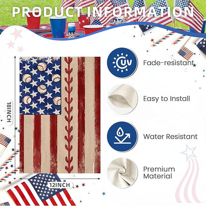 4th of July Garden Flag 12x18 Inch Double Sided, Retro American Flag with Baseball Yard Decoration,Small Seasonal Outdoor Decor for Summer Memorial Day/250th Years America Anniversary Holiday Outside
