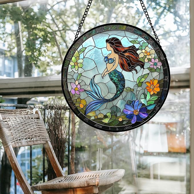 Stained Glass Window Hanging - Light Blue Mermaid Suncatcher for Door Terrace Garden Home Decor, Ocean Flowers Sun Catcher Birthday Gifts for Lovers Women Men Dad Mom Nana 7.8 in
