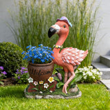 Flamingo Garden Statue Planter with Welcome Sign & Solar LED Light, Waterproof Outdoor Resin Yard Decor, Front Porch Ornament Housewarming Gift(Right Pink Flamingo)