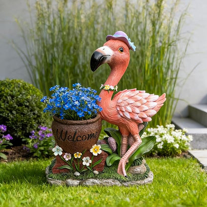 Flamingo Garden Statue Planter with Welcome Sign & Solar LED Light, Waterproof Outdoor Resin Yard Decor, Front Porch Ornament Housewarming Gift(Right Pink Flamingo)