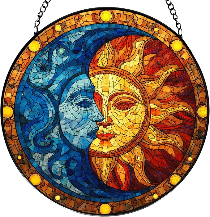 Sun and Moon Stained Glass Window Hanging, Celestial Sun and Moon Suncatchers Indoor Window Glass Wall Art Decorations, Celestial Decor Round Wall Hanging Decor, 7.9x7.9in