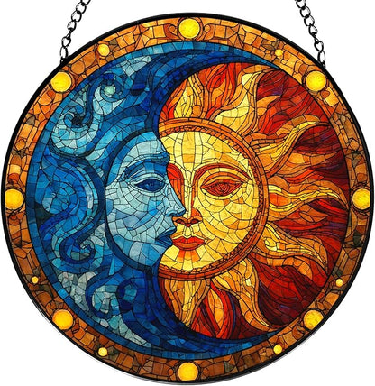 Sun and Moon Stained Glass Window Hanging, Celestial Sun and Moon Suncatchers Indoor Window Glass Wall Art Decorations, Celestial Decor Round Wall Hanging Decor, 7.9x7.9in