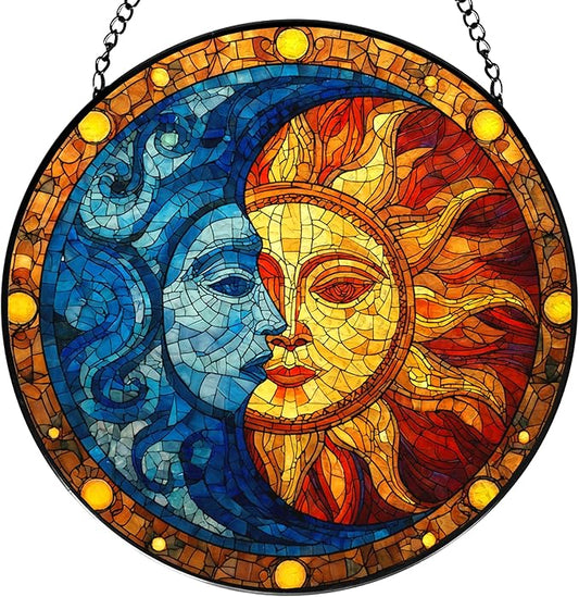 Sun and Moon Stained Glass Window Hanging, Celestial Sun and Moon Suncatchers Indoor Window Glass Wall Art Decorations, Celestial Decor Round Wall Hanging Decor, 7.9x7.9in
