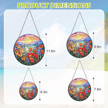 Stained Glass Window Hanging, Flower Sun Catcher for Door Terrace Garden Kitchen Home Decor, Mountain and Sunset Suncatchers for Mother's Day Birthday Gifts for Women Men Dad Mom Nana Wife 11.8 in