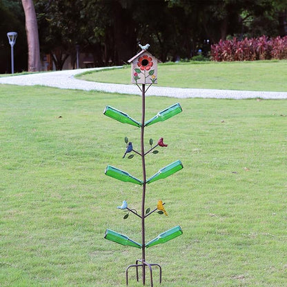 Multifunctional Metal Bird House Glass Bottle Tree Stake for Outdoor Colorful Garden Decorative Bottle Holder & Outdoor