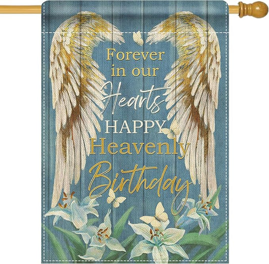 Artofy Memorial Forever in Our Hearts Wings Large Decorative House Flag, Happy Heavenly Birthday Lily Cemetery Yard Garden Outside Decor, Farmhouse Burlap Outdoor Home Decoration Double Sided 28 x 40