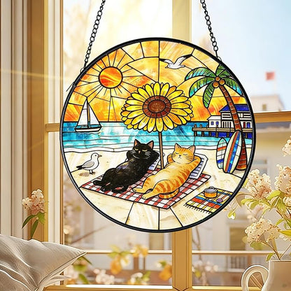 Cat Stained Glass Suncatcher Window, Cat Sun Catchers Indoor Window, Suncatcher for Mom/Women (Black & Orange)