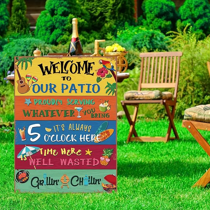 Welcome to Our Patio Outdoor Sign Metal Patio Sign Welcome Signs for Porch New Home Birthday Gift for Men Women Neighbor Friends Family Couple Party Outdoor Pool Decor, 12 x 16 Inches