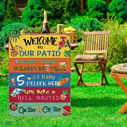 Welcome to Our Patio Outdoor Sign Metal Patio Sign Welcome Signs for Porch New Home Birthday Gift for Men Women Neighbor Friends Family Couple Party Outdoor Pool Decor, 12 x 16 Inches